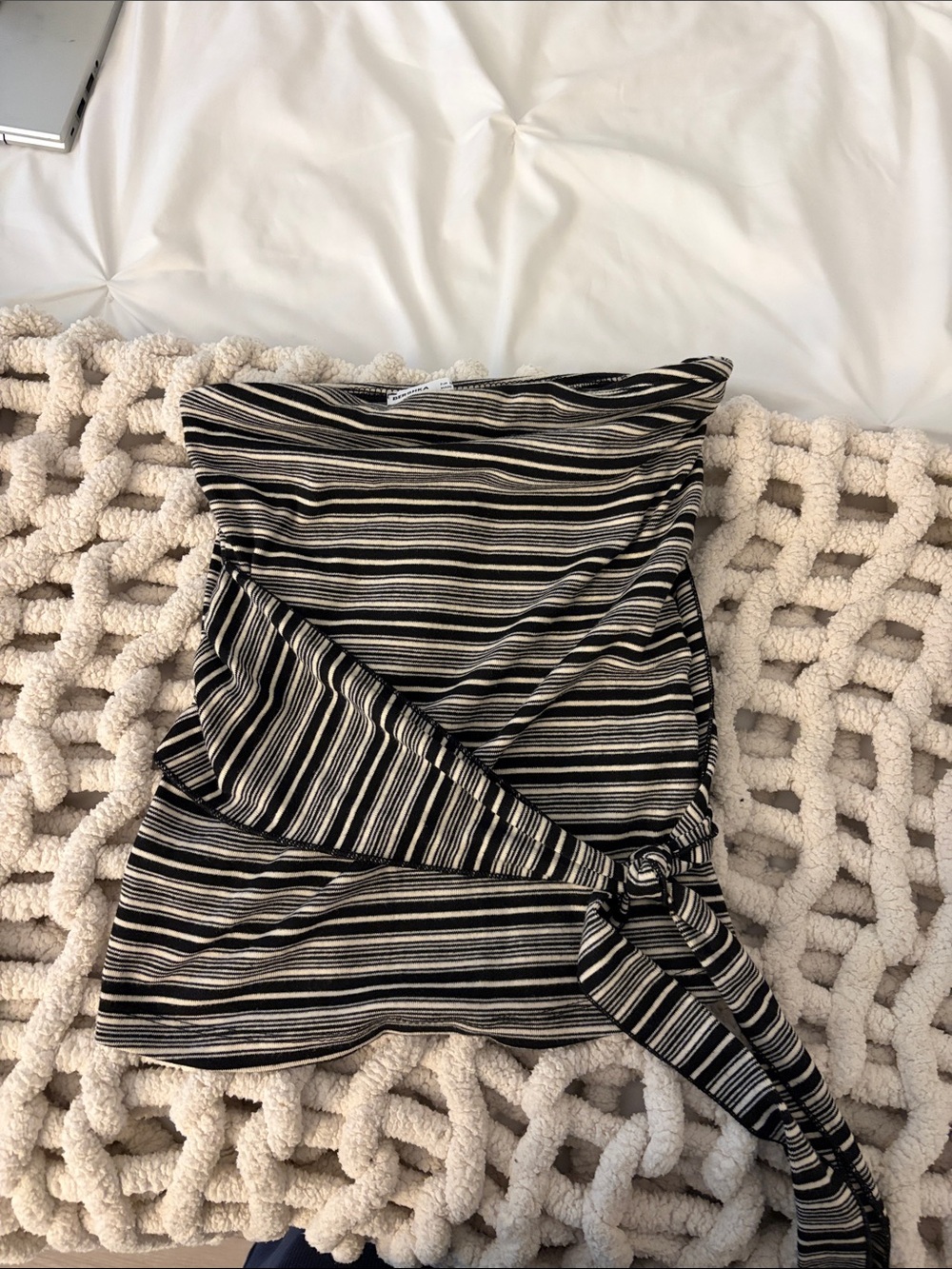 Bershka Black & Cream Striped Asymmetrical Wrap Skirt
